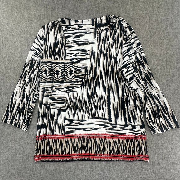 Chico's Tunic Top Ikat Print Black White Red 3/4th Sleeves‎ Size 2 (Large) Rayon - Picture 1 of 10
